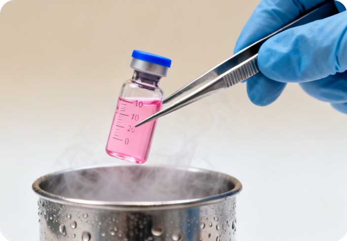A laboratory specialist placing an embryo sample into cryogenic storage