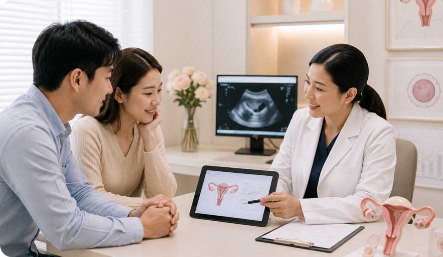 Fertility specialist discussing assessment results with a couple